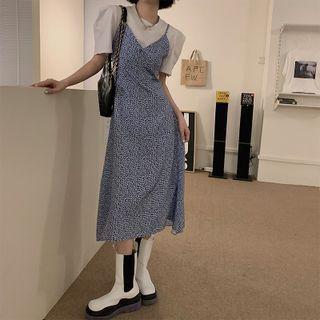 Puff-sleeve Mock Two-piece Floral Print Midi A-line Dress