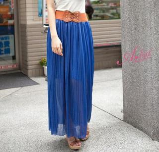 Belted-Accent Pleated Long Skirt Blue - One Size