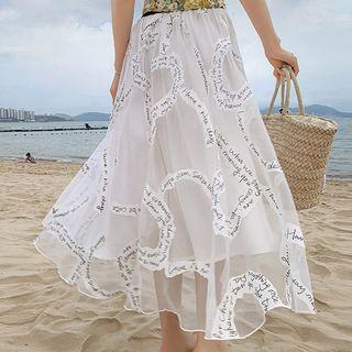 Lettering Mesh Panel Midi A-line Skirt