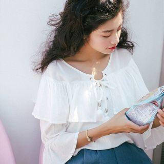 Ruffle Trim Tasseled 3/4 Sleeve Top