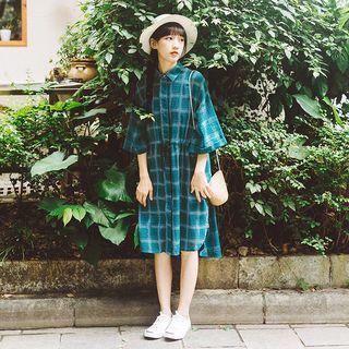Elbow-sleeve Plaid Drawstring Shirt Dress
