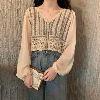 Eyelet-knit Panel Chiffon Blouse