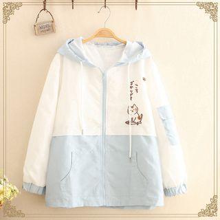 Two-tone Cat Print Hooded Zip Jacket