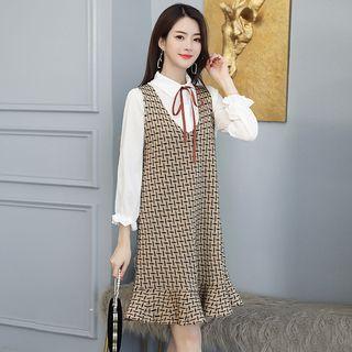 Set: Tie-neck Blouse + Sleeveless Patterned Dress
