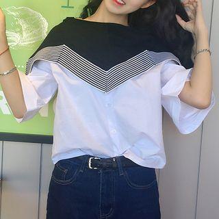 Color Block Elbow-sleeve Top