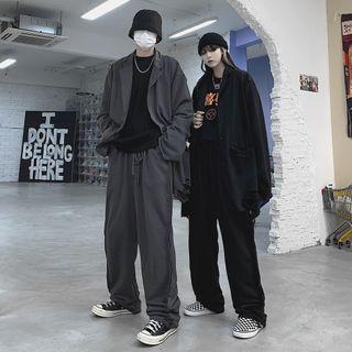 Lapel Collar Plain Blazer / Stitched Straight-cut Pants