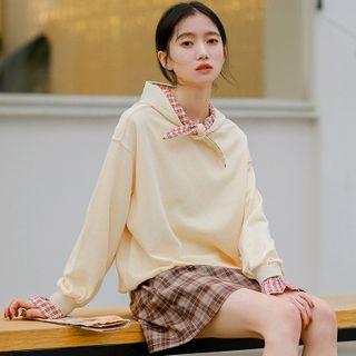 Mock Two-piece Plaid Trim Hoodie Light Khaki - One Size