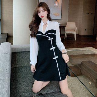 Balloon-sleeve Two-tone Mini A-line Dress