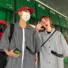 Couple Matching Elbow-sleeve Letter Striped Shirt