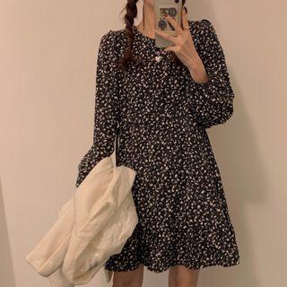 Long-sleeve Floral Print Dress Floral - Black - One Size