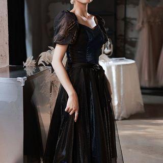 Puff-sleeve Mesh Midi A-line Cocktail Dress