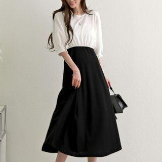 Puff-sleeve Two-tone Midi Dress