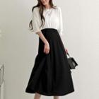 Puff-sleeve Two-tone Midi Dress