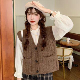 Balloon-sleeve Stand-collar Button-up Blouse / Button-up Knit Vest / Plaid Midi Skirt