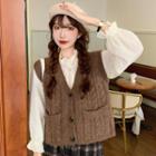 Balloon-sleeve Stand-collar Button-up Blouse / Button-up Knit Vest / Plaid Midi Skirt