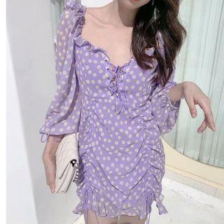 Flower Print Drawstring Lantern-sleeve Mini Sheath Dress