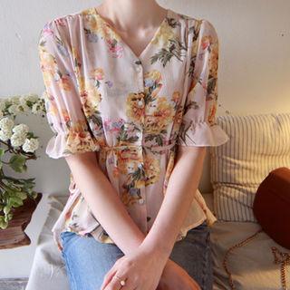 V-neck Tie-waist Floral Print Blouse
