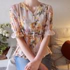 V-neck Tie-waist Floral Print Blouse