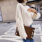 Plain Fringed Turtle-neck Loose-fit Sweater