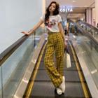 Short-sleeve Printed T-shirt / Plaid Wide-leg Pants . Set