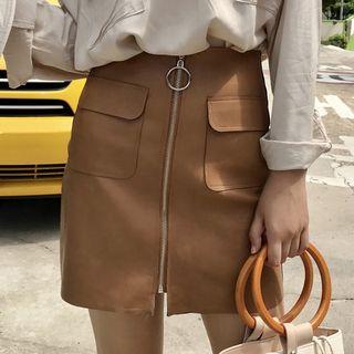 Zip Front A-line Faux Leather Skirt