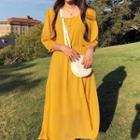 Dotted 3/4-sleeve A-line Midi Chiffon Dress Yellow - One Size
