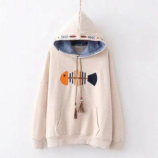 Fish Bone Embroidered Tasseled Hoodie