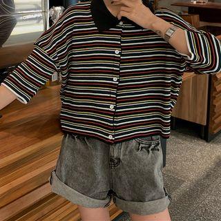 Elbow-sleeve Striped Knit Polo Shirt