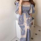 Puff-sleeve Print Sheath Dress Blue - One Size