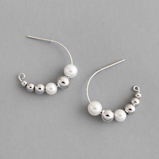 925 Sterling Silver Faux Pearl Open Hoop Earring 1 Pair - Silver - One Size