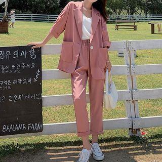 Set: Elbow-sleeve Blazer + Straight-leg Pants