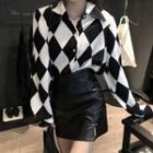 Argyle Long-sleeve Shirt / Faux Leather Slit A-line Mini Skirt