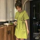 Elbow-sleeve Tie Waist A-line Mini Dress