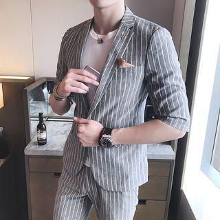 Set: 3/4-sleeve Striped Blazer + Cropped Striped Dress Pants