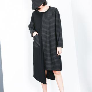 Striped Long-sleeve T-shirt Dress Black - One Size