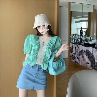 Plaid Ruffle Trim Short-sleeve Top
