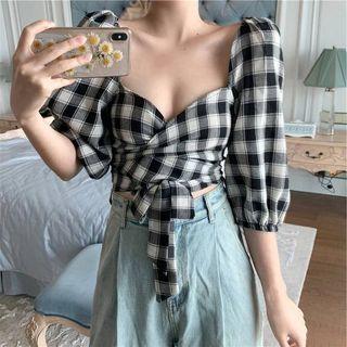 Balloon-sleeve Gingham Bow Blouse Plaid - Black & White - One Size
