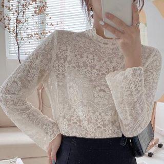 Long-sleeve Lace Top Milky White - One Size