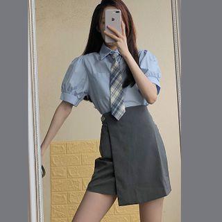 Short-sleeve Neck Tie Shirt / Wrap A-line Skirt