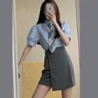 Short-sleeve Neck Tie Shirt / Wrap A-line Skirt