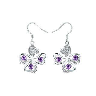 Elegant Four-leafed Clover Earrings With Purple Austrian Element Crystal Silver - One Size