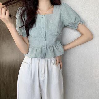 Square-neck Puff-sleeve Ruffle Top