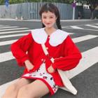 Layered Collar Buttoned Jacket / Cherry Print Mini Knit Skirt