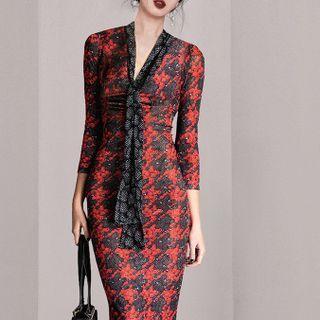 3/4-sleeve Tie-neck Houndstooth Sheath Dress