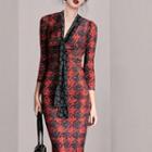 3/4-sleeve Tie-neck Houndstooth Sheath Dress