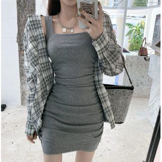 Long-sleeve Plaid Shirt / Mini Bodycon Tank Dress