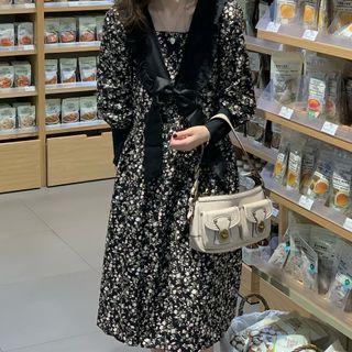 Long-sleeve Floral A-line Dress White & Green & Black - One Size