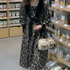 Long-sleeve Floral A-line Dress White & Green & Black - One Size