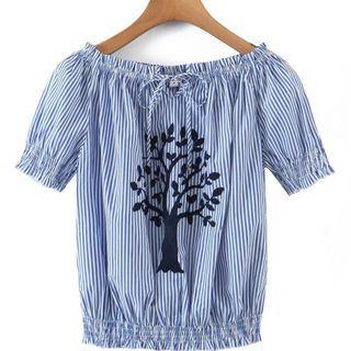 Short-sleeve Embroidered Striped Drawstring Top