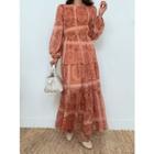 Bishop-sleeve Patterned Maxi Dress Red Brown - One Size
